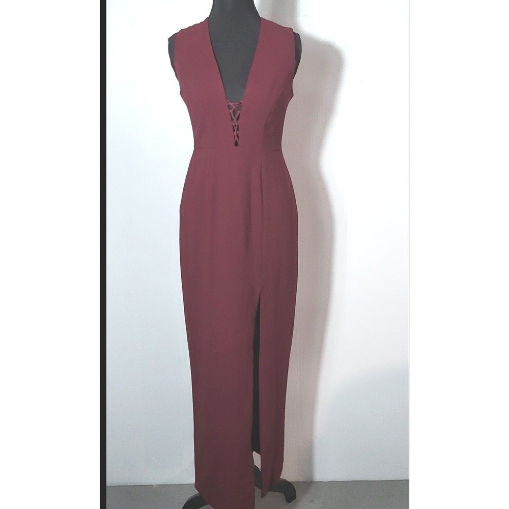 WAYF Burgundy Lace Up Deep V-Neck Sleeveless Maxi Dress Side Slit XS Made in USA